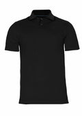 Nimbus's N124M black polo shirt, featuring short sleeves and a collar, is displayed against a white background.
