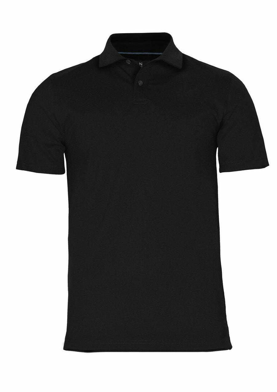 Nimbus's N124M black polo shirt, featuring short sleeves and a collar, is displayed against a white background.