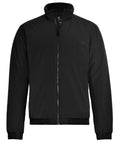 The Jackets product is a black zip-up with high collar, long sleeves, ribbed cuffs and hem. It features a plain design without logos or patterns and is shown against a white background.