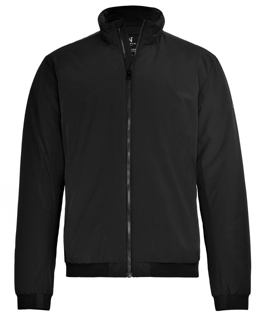 The Jackets product is a black zip-up with high collar, long sleeves, ribbed cuffs and hem. It features a plain design without logos or patterns and is shown against a white background.