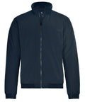 A plain dark blue zip-up jacket with a stand-up collar, long sleeves, and ribbed cuffs and waistband, shown against a white background.