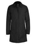 A knee-length plain black jacket with long sleeves, a collar, and concealed front fastening, shown on a white background.