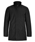 Jackets: A black, long-sleeved knee-length coat with a high collar and concealed front fastening, featuring a minimalist design without visible pockets or embellishments, shown against a white background.