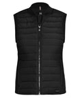 The Gilets & Bodywarmers is a black, sleeveless, quilted waistcoat featuring a front zip, side pockets, collarless neckline, horizontal stitching, and a small label near the bottom hem.
