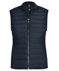 The Gilets & Bodywarmers feature a navy blue, sleeveless quilted design with a front zip, two side pockets, ribbed collar, and a small black label near the bottom hem.