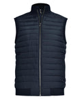 The Gilets & Body Warmers is a sleeveless navy blue quilted waistcoat featuring horizontal stitching, a front zip, side pockets, high collar, and ribbed details on the armholes and hem.