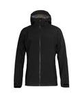 A black "Jackets" hooded jacket with a front zip, long sleeves, two side pockets, and adjustable cuffs is displayed on a plain white background.