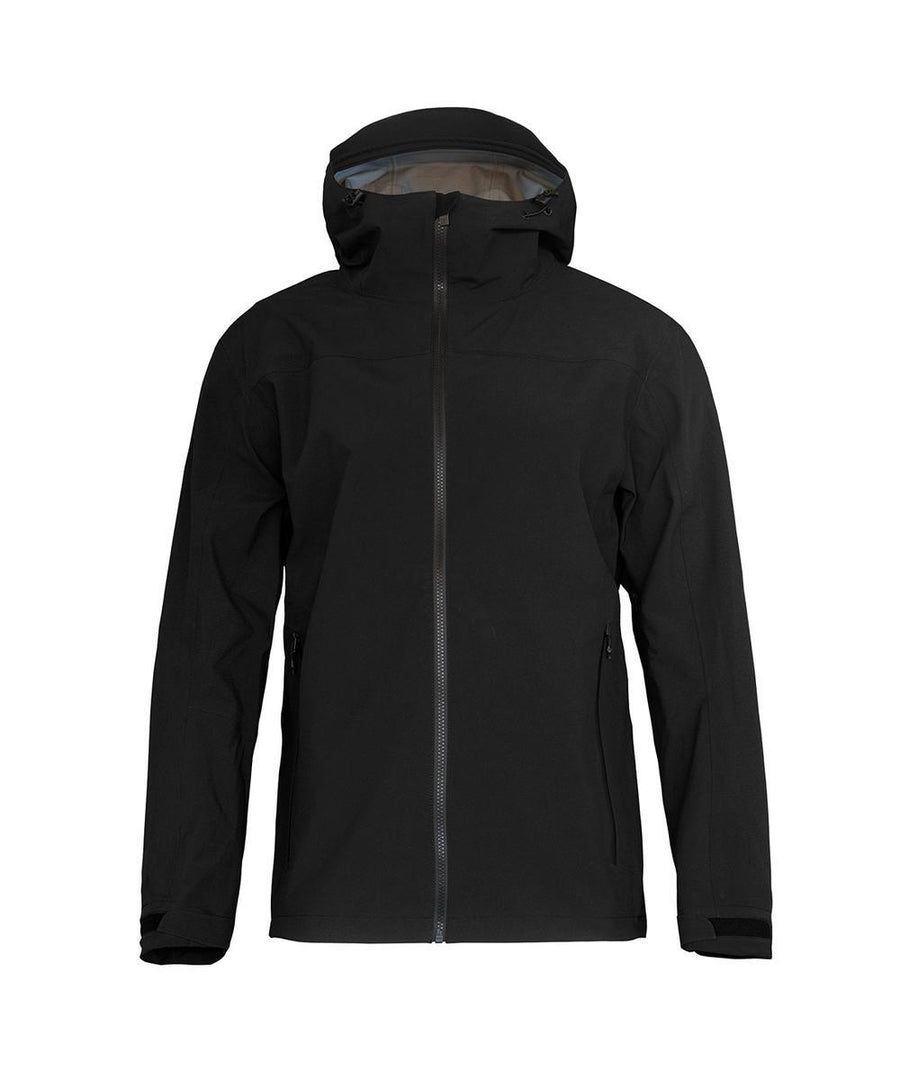 A black, waterproof "Jackets" item with a hood is shown on a plain white background. It features a front zip, side pockets, and adjustable cuffs with no visible logos or patterns.