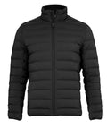 Jackets: A plain black puffer jacket with horizontal quilting, stand-up collar, front zip fastening, long sleeves, and no visible logos or embellishments.