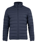 Jackets: A navy blue quilted puffer jacket with a stand-up collar, front zip fastening, horizontal stitching, and long sleeves, shown on a plain white background.
