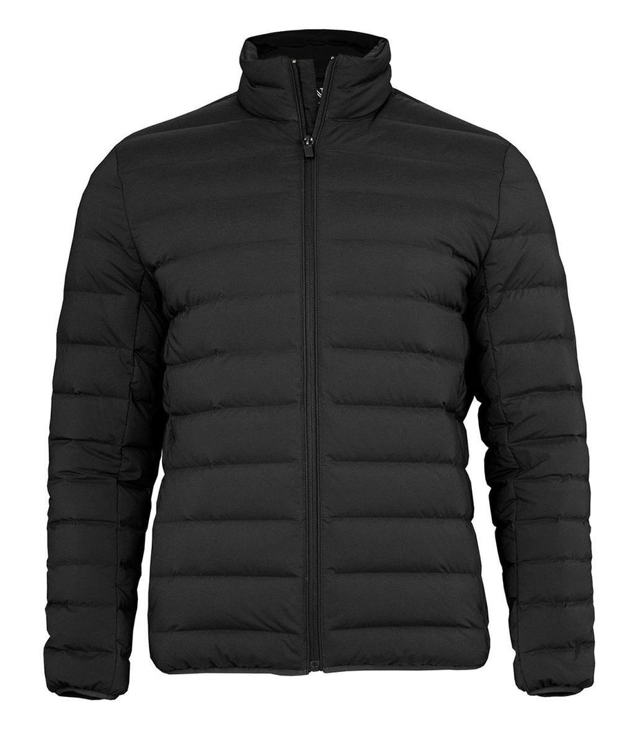The Jackets product is a black, quilted puffer with a front zip, long sleeves, and a high collar. It has a plain design with no visible logos or embellishments.