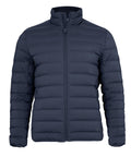 A navy blue quilted puffer jacket from Jackets, featuring a high collar, front zip, long sleeves, and horizontal stitching, displayed on a plain white background.