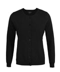 The cardigans product is shown in black with long sleeves, a button-up front, and a crew neck. It features ribbed cuffs and hem and is displayed against a plain white background.
