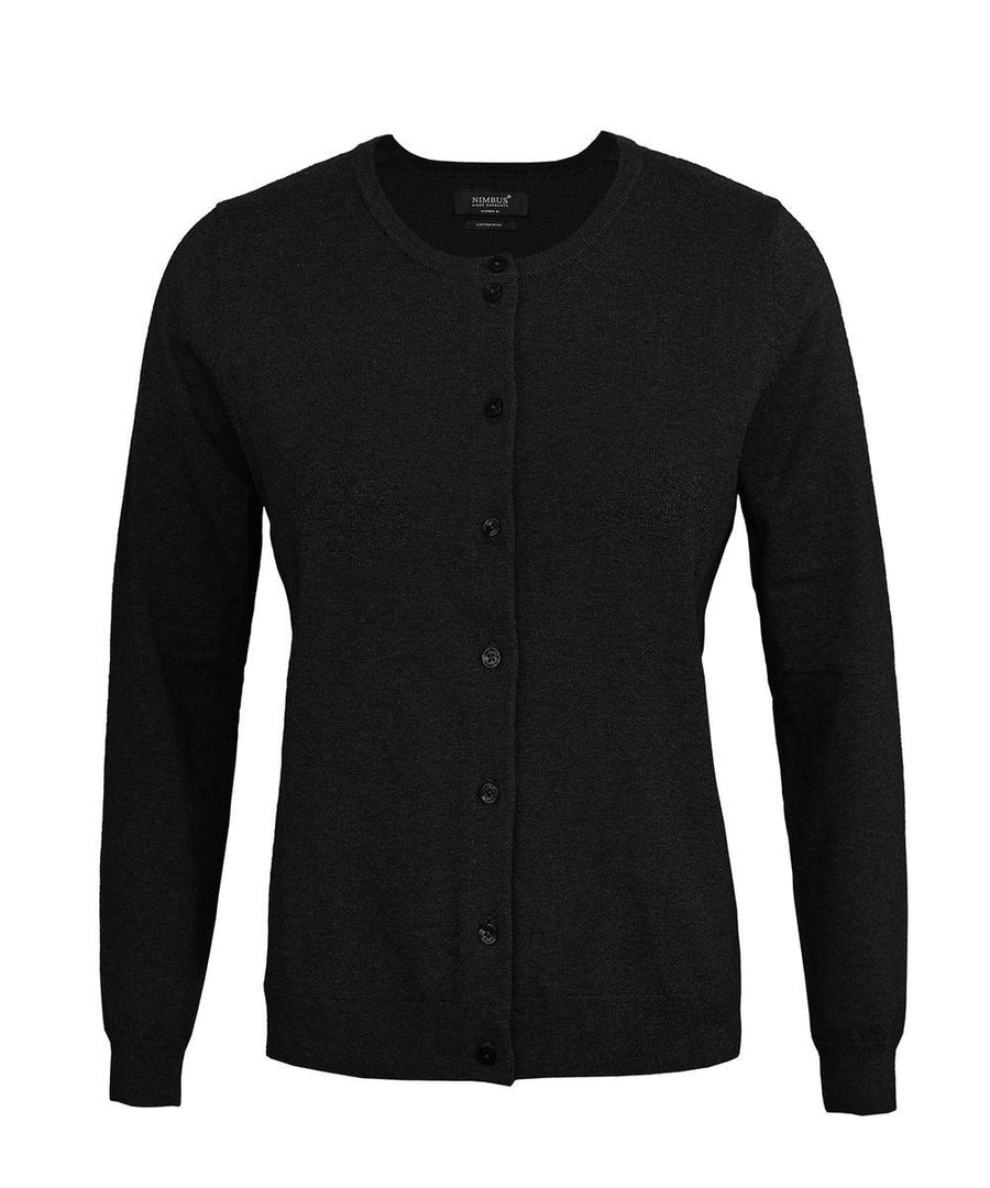 The cardigans product is shown in black with long sleeves, a button-up front, and a crew neck. It features ribbed cuffs and hem and is displayed against a plain white background.