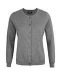 Front view of cardigans in grey with long sleeves, button-up front, and round neckline, shown against a plain white background.