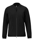A plain black "Jackets" zip-up with long sleeves, collarless design, and front zip is displayed on a white background. The minimal detailing keeps the look simple.