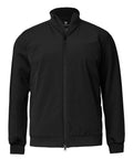 Jackets: A plain black zip-up jacket with a high collar and long sleeves, featuring a minimalist design without logos or patterns, displayed on a white background.