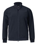 A navy blue Jackets zip-up with a standing collar, long sleeves, and side pockets is shown against a white background. The front zip is fully closed, and the design is plain and minimalist.