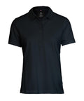 A black short-sleeve polo shirt with a collar and three-button placket, shown against a white background.