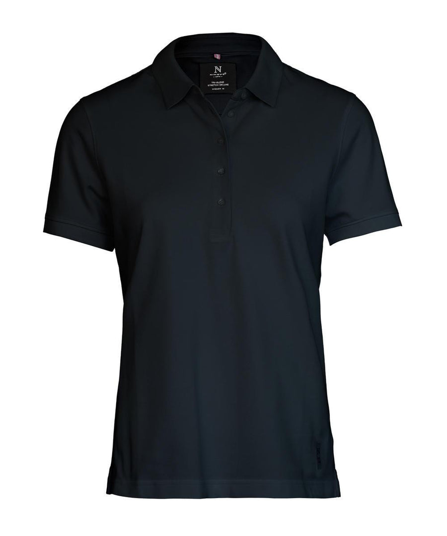 A black short-sleeve polo shirt with a collar and three-button placket, shown against a white background.