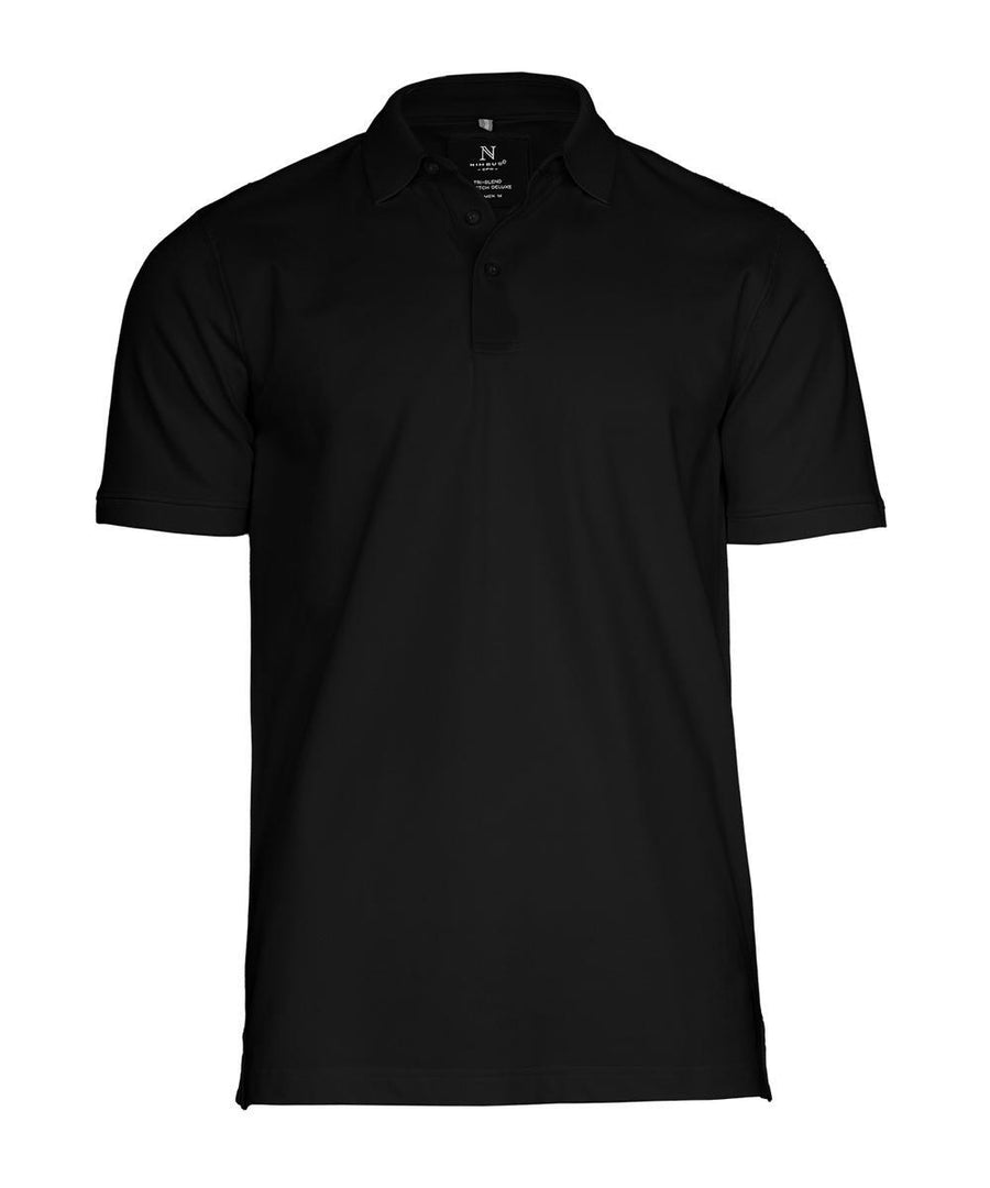 A black Polos short-sleeve polo shirt with a collar and three buttons is displayed against a white background.