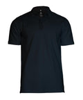 A black short-sleeve polo shirt featuring a collar and three-button placket, displayed on a white background.