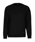 A plain black crewneck sweatshirt featuring long sleeves and a small black rectangular tag near the left bottom hem, with no visible logos or patterns.