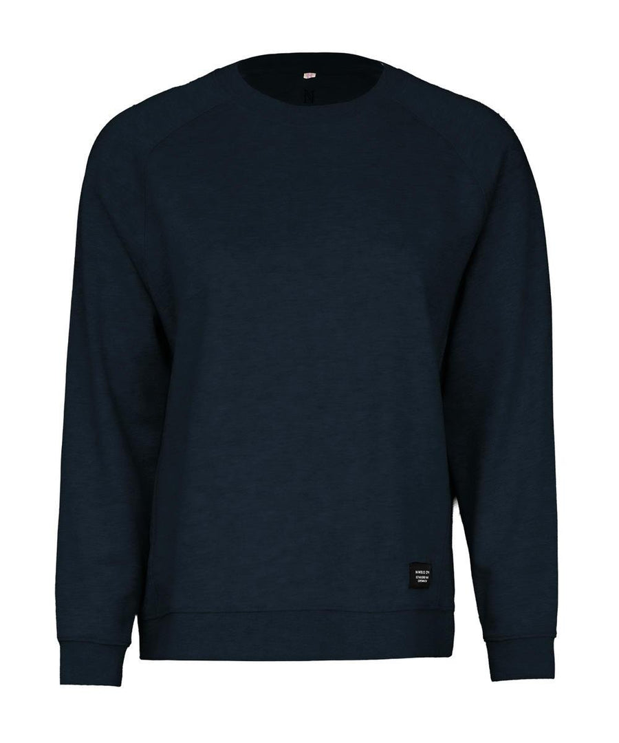 The Sweatshirts product is a plain, long-sleeved, dark navy crew neck with a small black rectangular label near the front bottom hem.