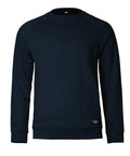 The Sweatshirts product features a plain, long-sleeved, navy blue crew neck design with a small black patch near the left bottom hem, displayed against a white background.