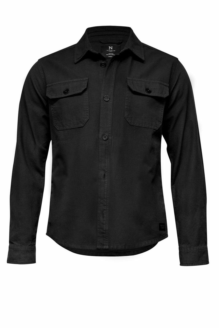 The Nimbus NB118 is a black long-sleeve button-up shirt featuring two chest pockets.