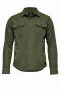 Nimbus NB118 olive green shirt with a button-up design featuring two chest pockets and long sleeves.