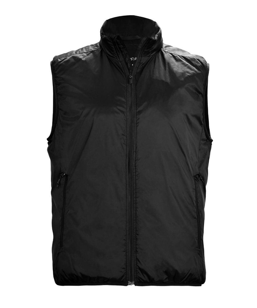 The Gilets & Body Warmers is a sleeveless black zip-up waistcoat with a high collar, crafted from shiny, lightweight fabric. It features two side pockets and a minimalist design.