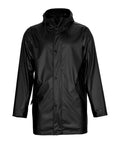 Jackets: Black hooded rain jacket with press-stud front fastenings, two side pockets, adjustable hood drawstrings, smooth shiny finish, and long sleeves with buttoned cuffs.