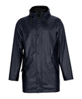 A navy blue Jackets rain jacket with a hood, front press-stud fastenings, two side pockets, and adjustable hood drawcords is shown on a plain white background.
