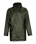 Jackets: Dark green, waterproof jacket with hood, front press studs, two angled pockets, long sleeves with buttoned cuffs, and a straight hem.