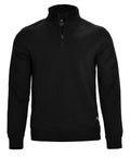 A black sweatshirt long-sleeve quarter-zip pullover features a stand collar, ribbed cuffs, and ribbed hem, shown against a plain white background.