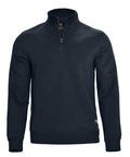A navy blue, long-sleeve sweatshirt pullover with a quarter-zip collar and no visible logos or patterns, shown on a plain white background.
