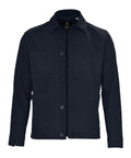 A tailored navy blue button-up shirt with a collar, long sleeves, one left chest pocket, and two lower front pockets.