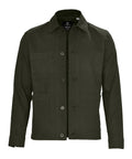 A dark green button-up shirt with a collar, three front pockets, and long sleeves, displayed against a white background.
