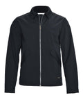 The Jackets product is a black zip-up style with a collar, two angled front pockets, and a small rectangular tag near the right hem, shown front-facing on a white background.