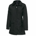Introducing the Nimbus NB40F: a stylish black coat featuring long sleeves, a knee-length design, a zippered front with a collar, and convenient buttoned side pockets.