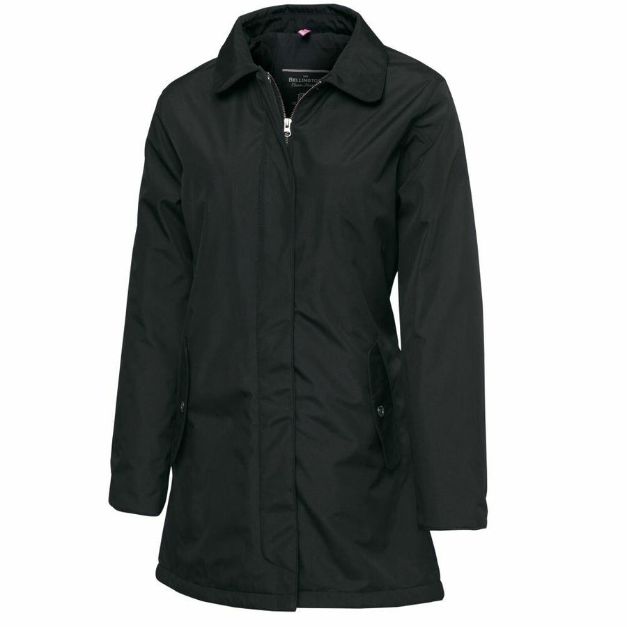 Introducing the Nimbus NB40F: a stylish black coat featuring long sleeves, a knee-length design, a zippered front with a collar, and convenient buttoned side pockets.