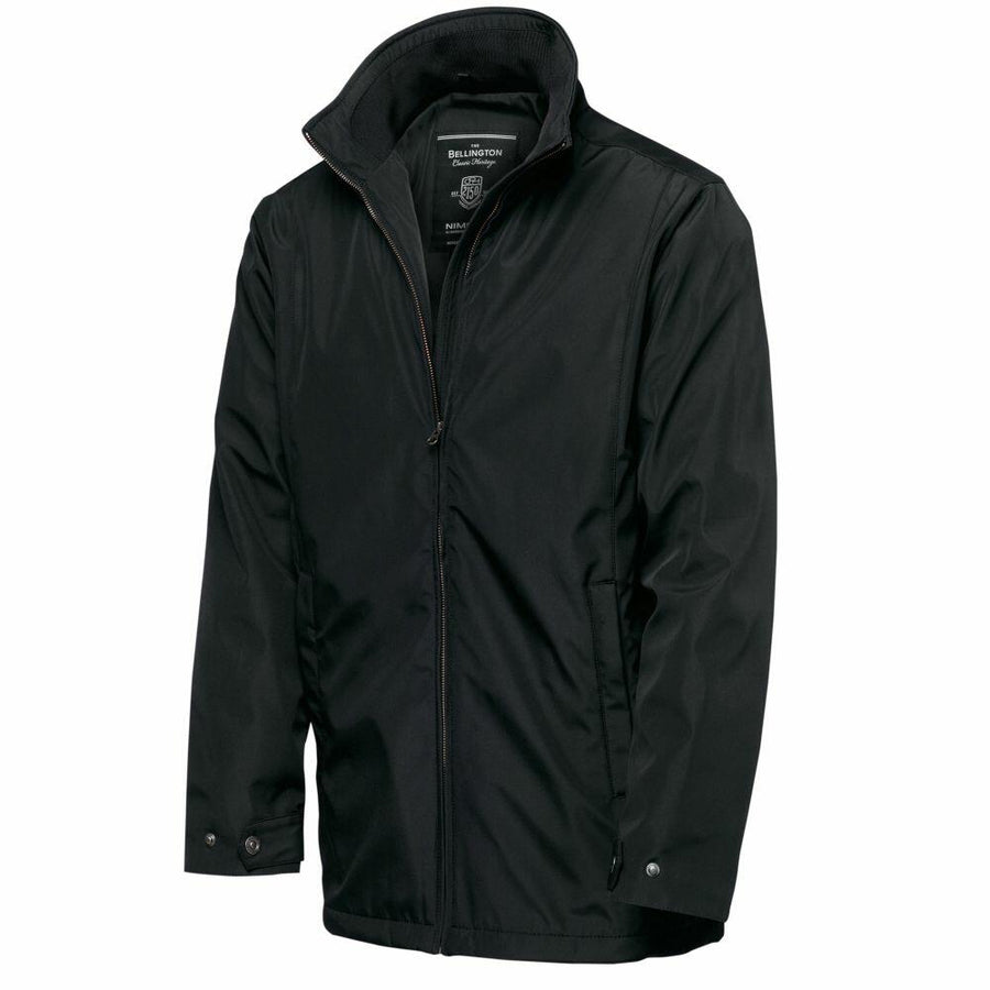 A Nimbus NB40M jacket in black featuring a high collar, full zip, and adjustable cuffs, showcased against a white background.