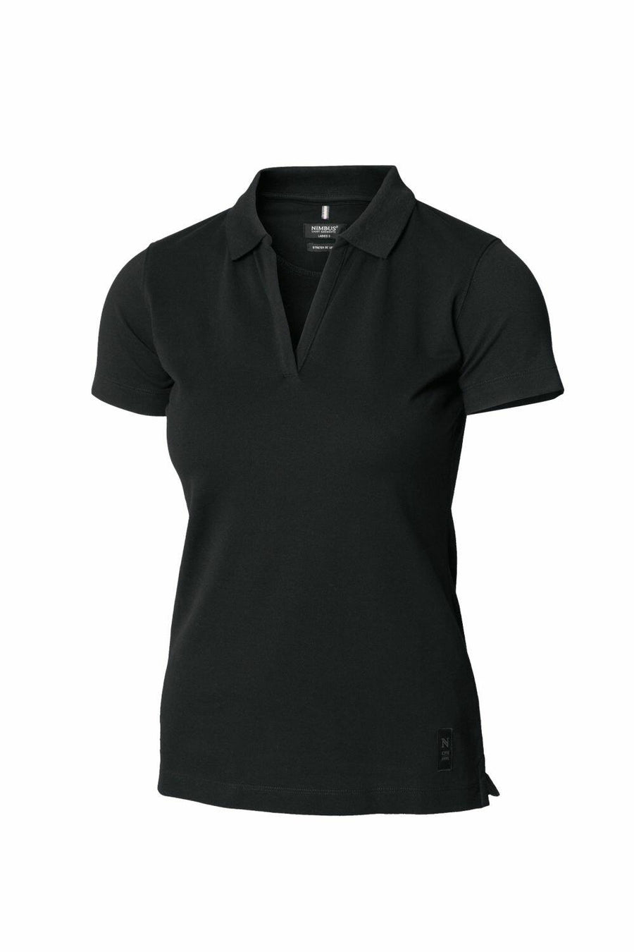 The product is a Nimbus NB52F black short-sleeve polo shirt with a collar and a small V-neck design.