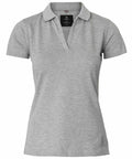 A Nimbus NB52F women's short-sleeve polo shirt in gray featuring a V-neck collar is showcased against a plain white background. The material looks soft with a slight texture, and the tag is visible inside the collar.