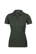 The NB52F by Nimbus is a women's polo shirt in dark green, featuring short sleeves and a collar. It includes a V-neck opening with a slim fit design, offering smooth fabric and an overall simple and classic style.