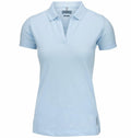 Nimbus's NB52F is a women's polo shirt in light blue, featuring short sleeves and a subtle V-neck style collar, presented against a plain white background.