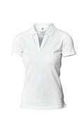 The Nimbus NB52F women's polo shirt features a plain white design with short sleeves and a V-neck collar, showcased against a white background.