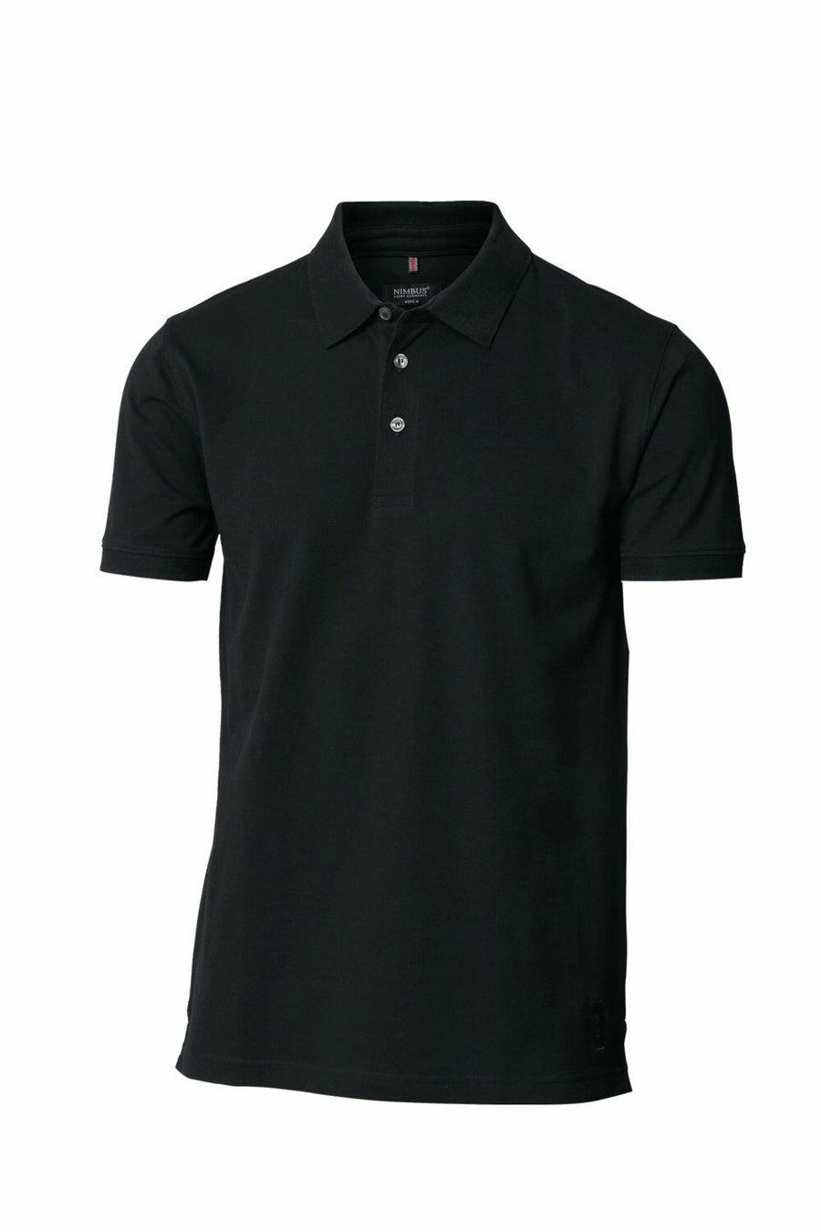 Introducing the Nimbus NB52M: a sleek black short-sleeve polo shirt featuring a classic collar and three-button design.