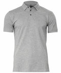 The NB52M by Nimbus is a plain gray polo shirt featuring short sleeves and a collar, along with three black buttons below the neckline. The fabric has a smooth and slightly textured appearance. The shirt is showcased against a white background.